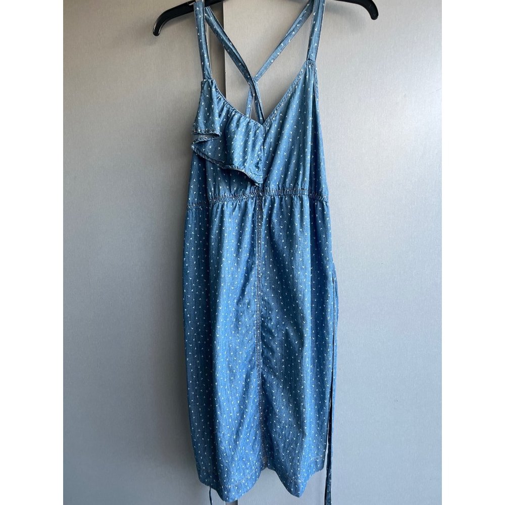 Motherhood Maternity Ruffle Sundress Denim Belted White Blue Size L